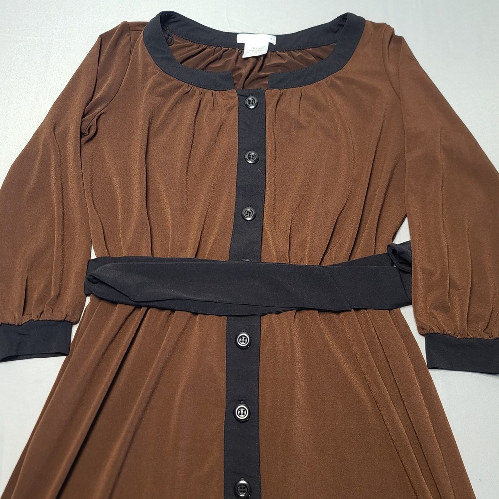 London Times Dress Womens 4 Brown Black Belted 3/4 Sleeve Knee Length Corporatee